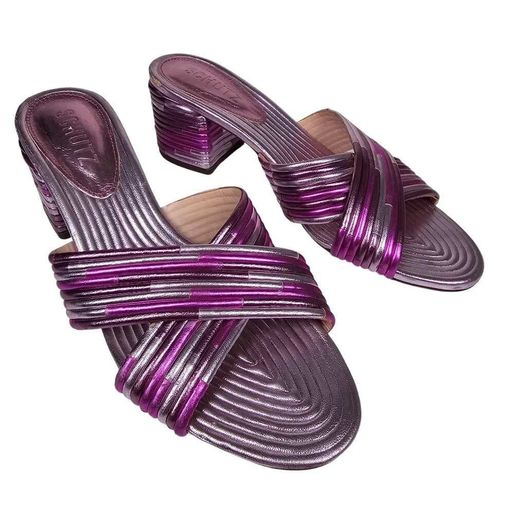 Schutz Metallic Quilted Anna Kate Peep Toe Block Heel BARBIE‎ Sandals Women's 36